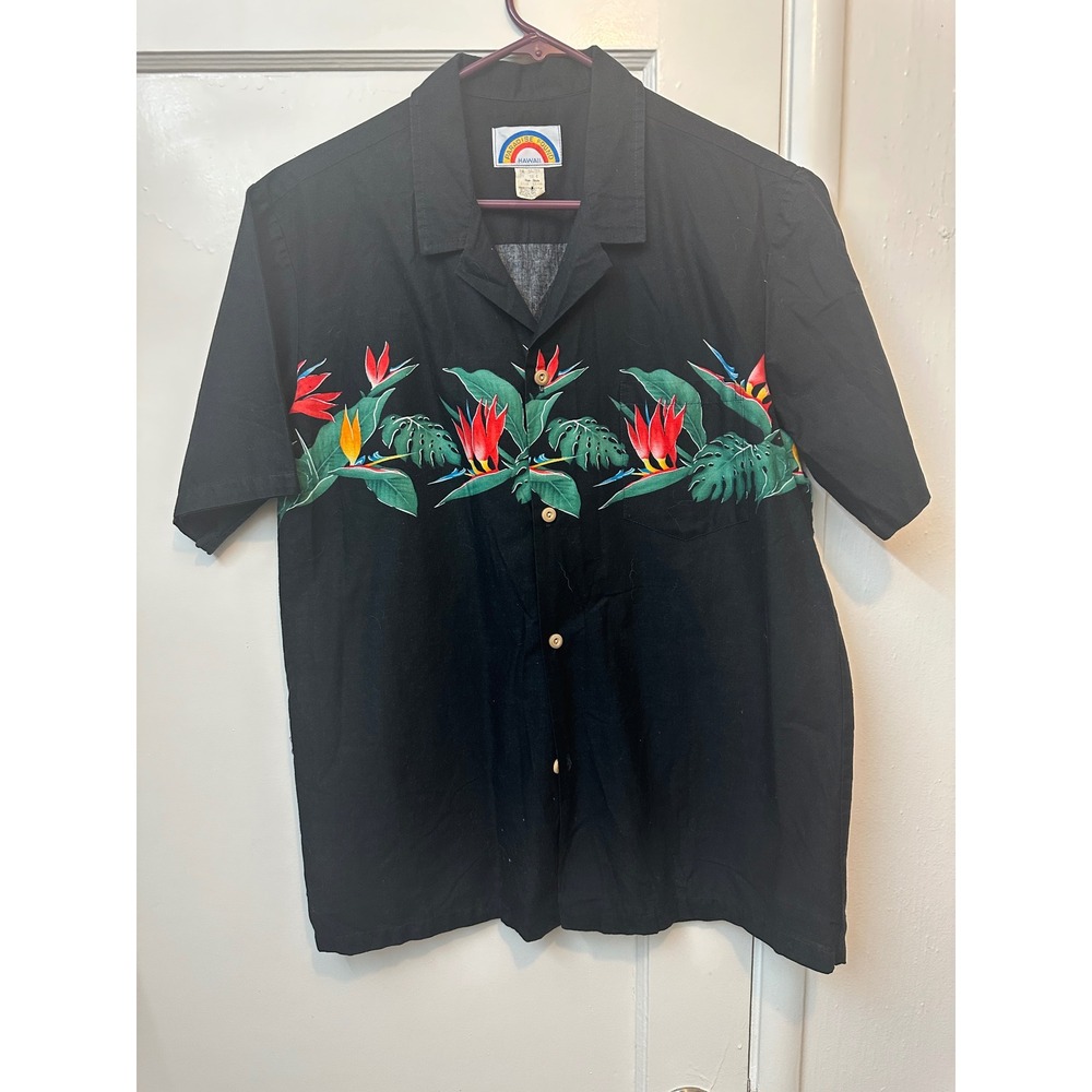 Paradise Found Hawaii Mens Large Black Bird of Paradise Cotton Aloha Camp Shirt